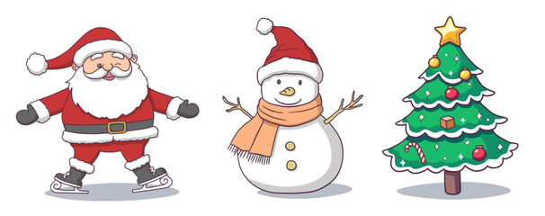 Festive Trio: Santa, Snowman, and Christmas Tree, Vector illustration, SVG, or PNG	