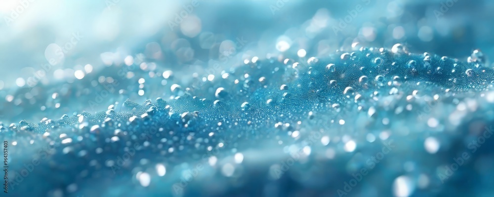 Poster a close-up view of water droplets on a textured surface, with a blurred background that appears to b