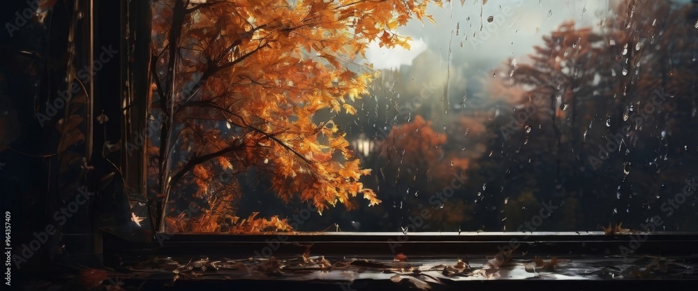 Poster a serene autumn scene unfolds through a window, with a tree in full bloom and raindrops creating a r