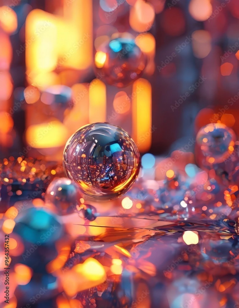 Poster close-up view of a glass sphere with a reflective surface, surrounded by a multitude of other glass spheres in various colors and sizes, creating a vibrant and dynamic visual effect.