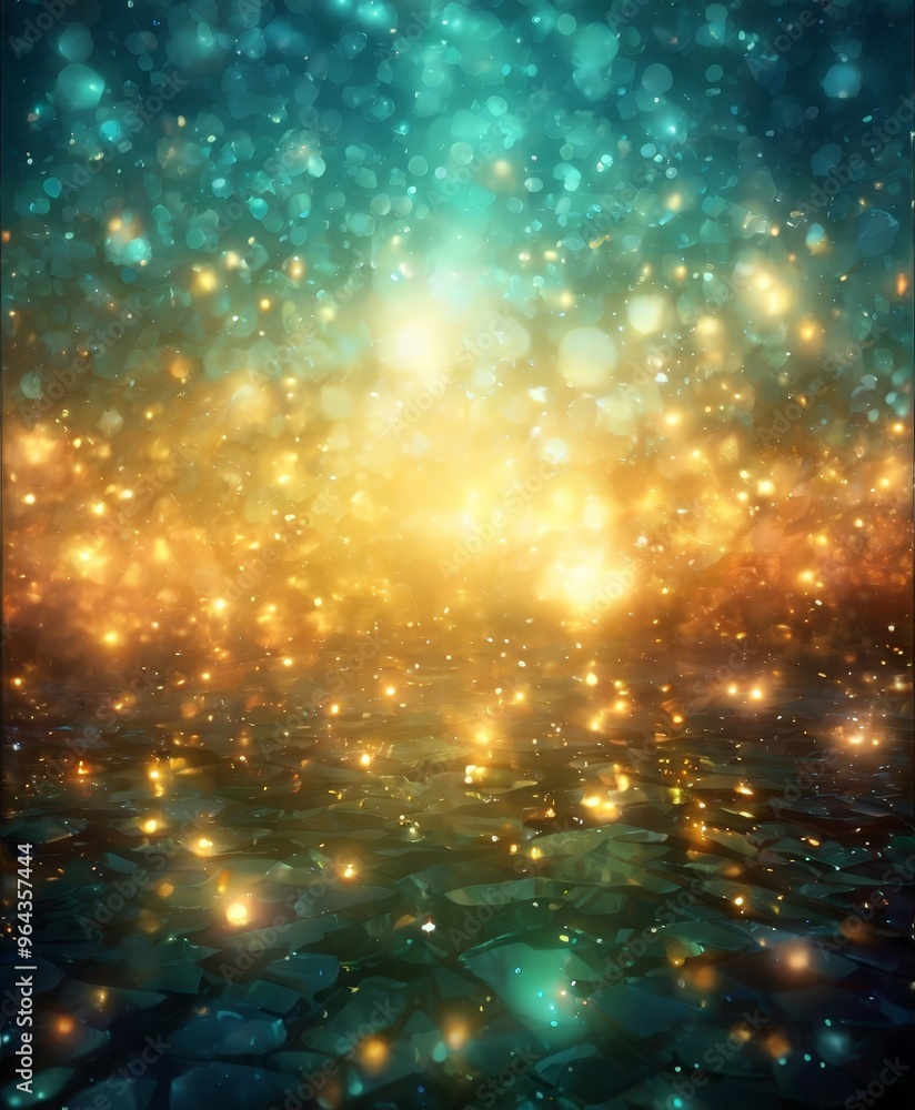 Poster a serene underwater scene with a vibrant gradient of blue and green hues, illuminated by a multitude
