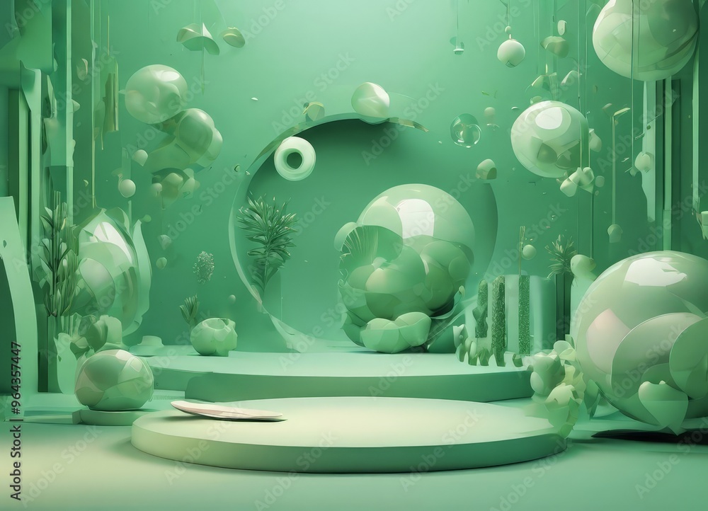Poster a surreal, three-dimensional scene with floating, spherical objects in a greenish-blue color scheme.