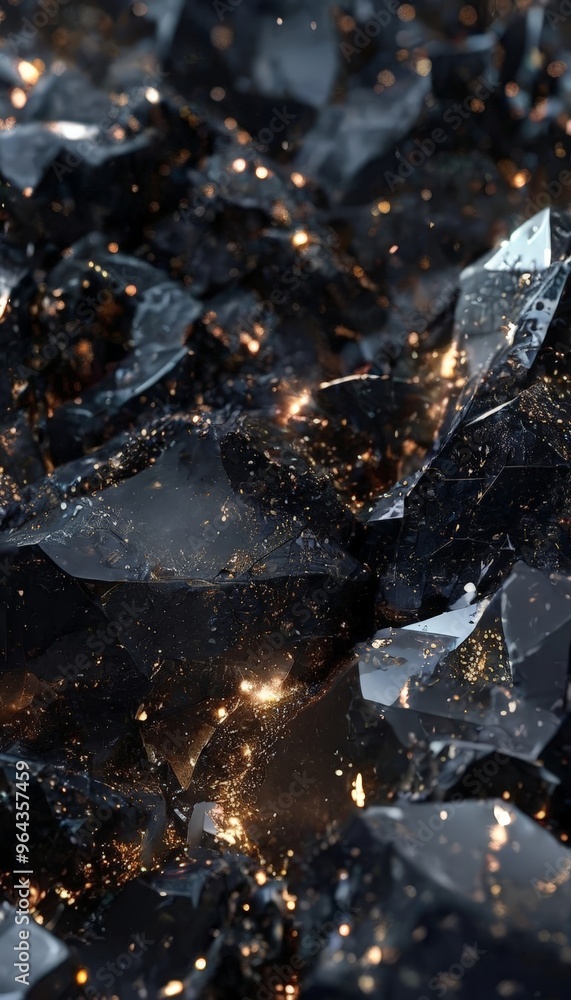 Poster a close-up view of a dark, rocky surface with numerous small, bright lights scattered across it, cre