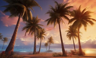 A serene tropical beach scene at sunset, featuring swaying palm trees, a vibrant sky, and a calm ocean in the distance.