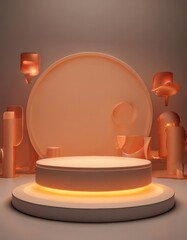 A a circular podium with a white base, illuminated by a warm orange light, surrounded by abstract orange sculptures.
