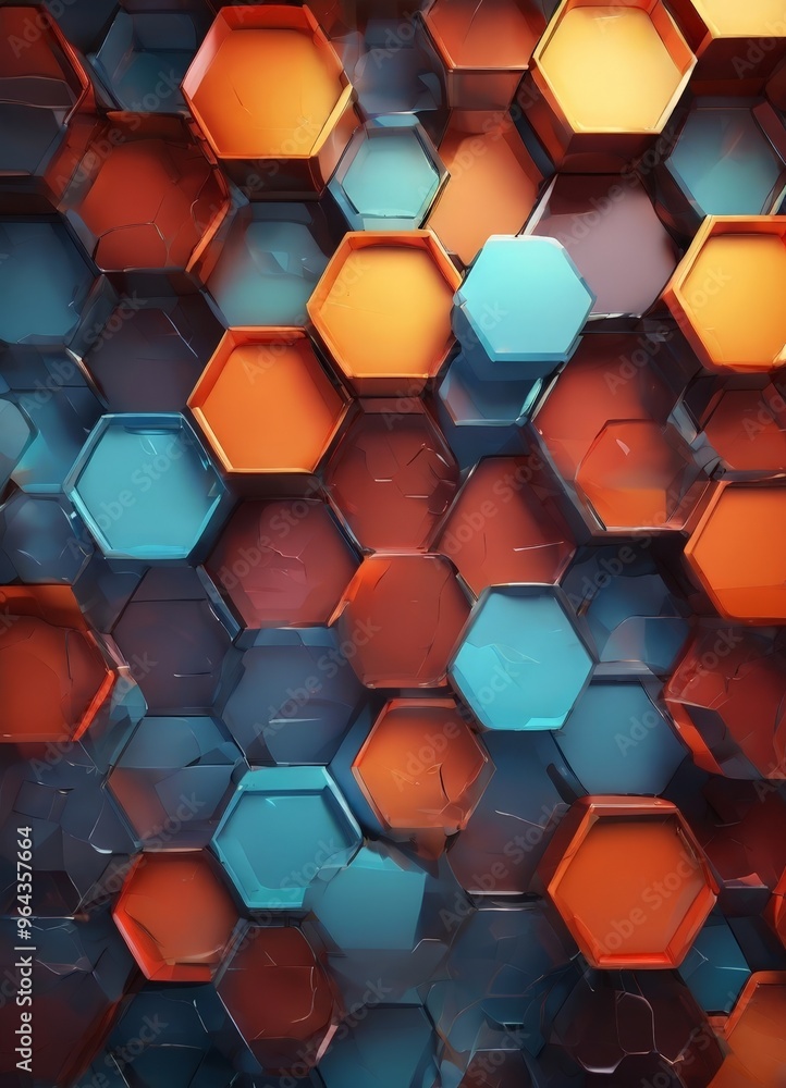 Poster hexagonal pattern composed of various shades of orange, blue, and red, creating a visually striking 