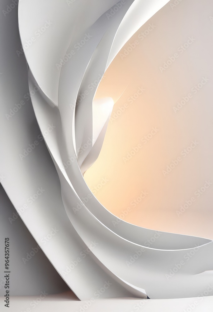 Poster white, abstract sculpture with curved, overlapping shapes that create a sense of movement and dynamism. The sculpture is set against a gradient background transitioning from