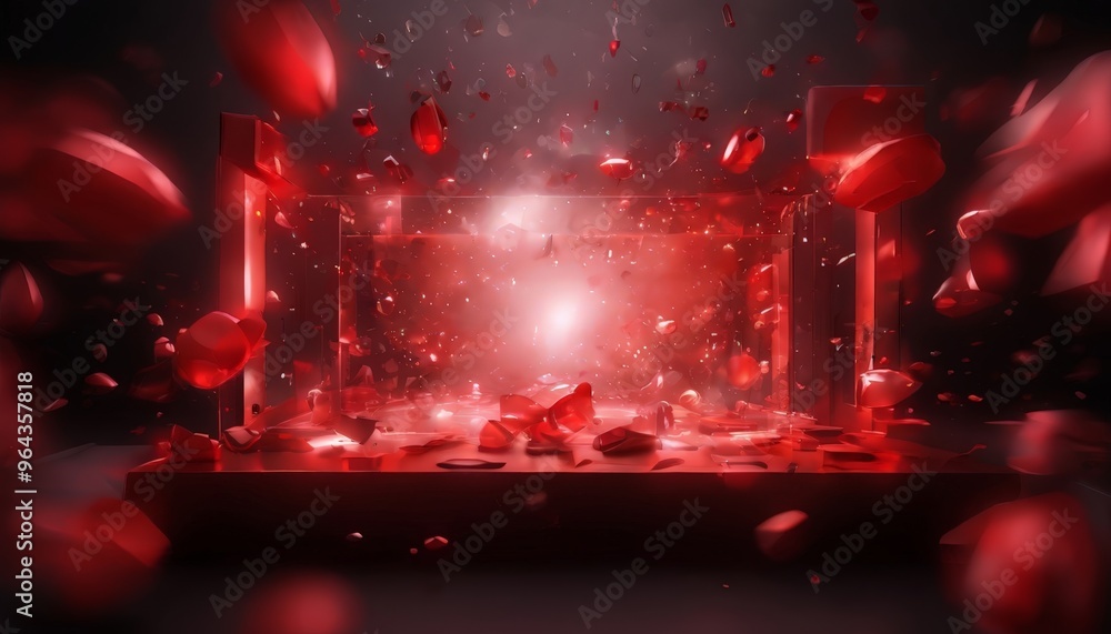 Poster a dramatic scene of a red explosion, with shards of glass and red objects flying in all directions, creating a sense of chaos and destruction.