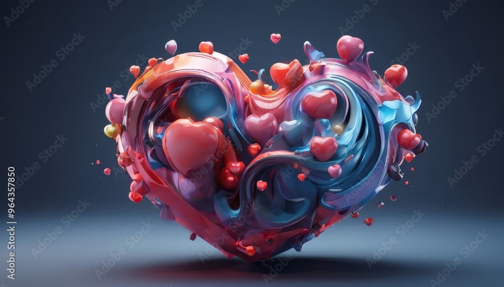 Poster a a heart-shaped object composed of various colored spheres and waves, with a dark background.