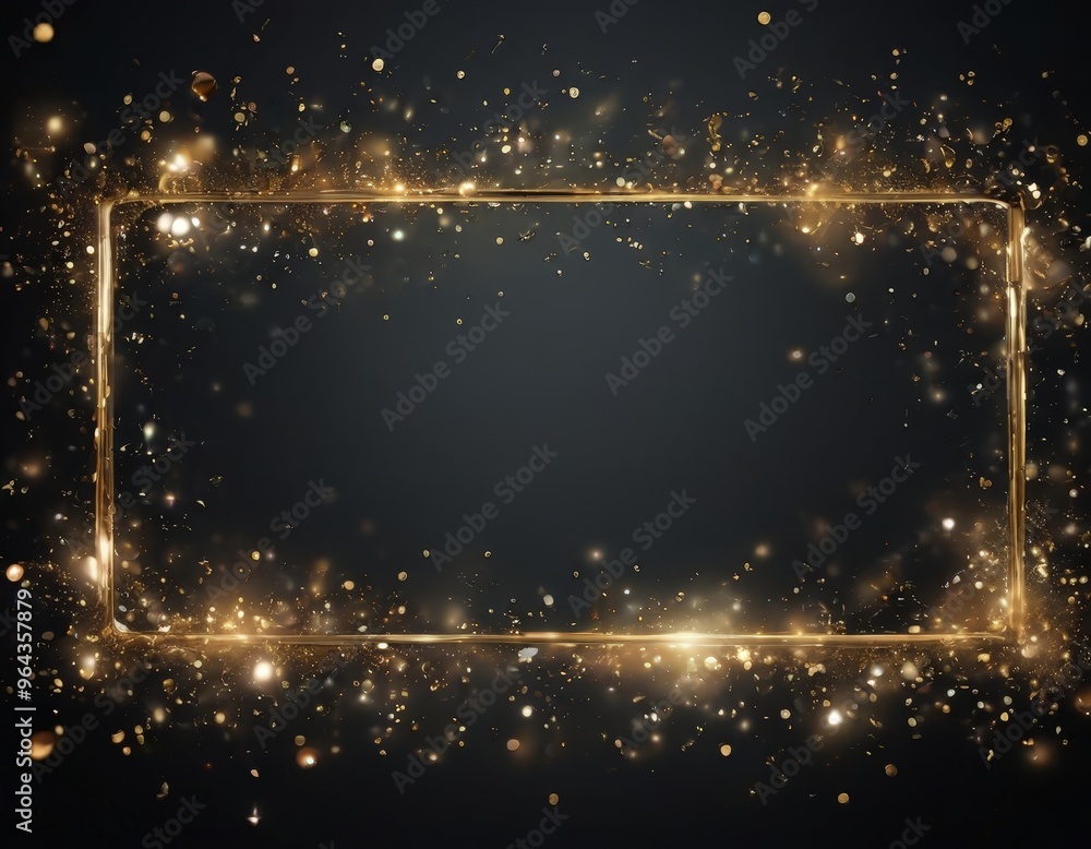 Poster a golden rectangular frame with a sparkling border is centered against a dark background, creating a