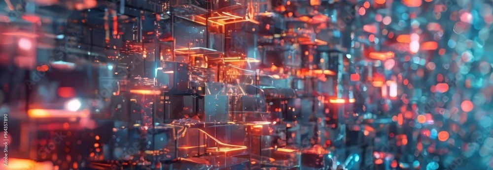 Poster complex, abstract digital scene composed of numerous small cubes, each emitting a unique glow of red
