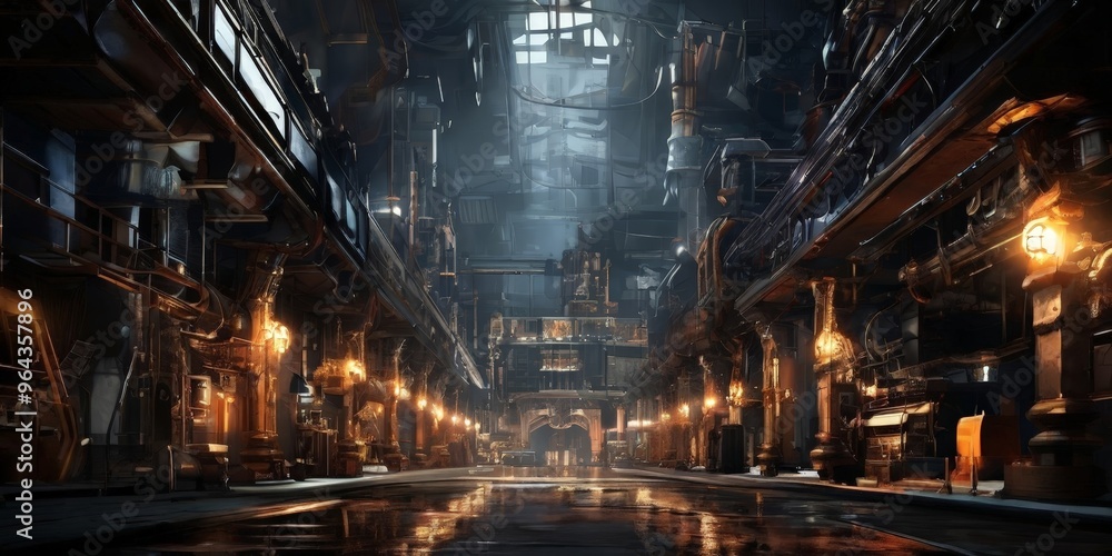 Aufkleber a dimly lit, industrial alleyway with a series of pipes, wires, and machinery lining the sides, crea