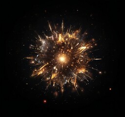 Obraz premium a digital explosion with a radiant center, surrounded by a multitude of sparkling golden and white particles against a black background.