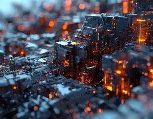 Obraz premium a densely packed cityscape with a complex network of buildings, roads, and structures, illuminated by a myriad of bright lights and glowing orange and red hues.