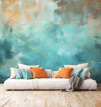 a white sofa with orange and blue throw pillows, set against a textured blue and green wall with a wooden floor.