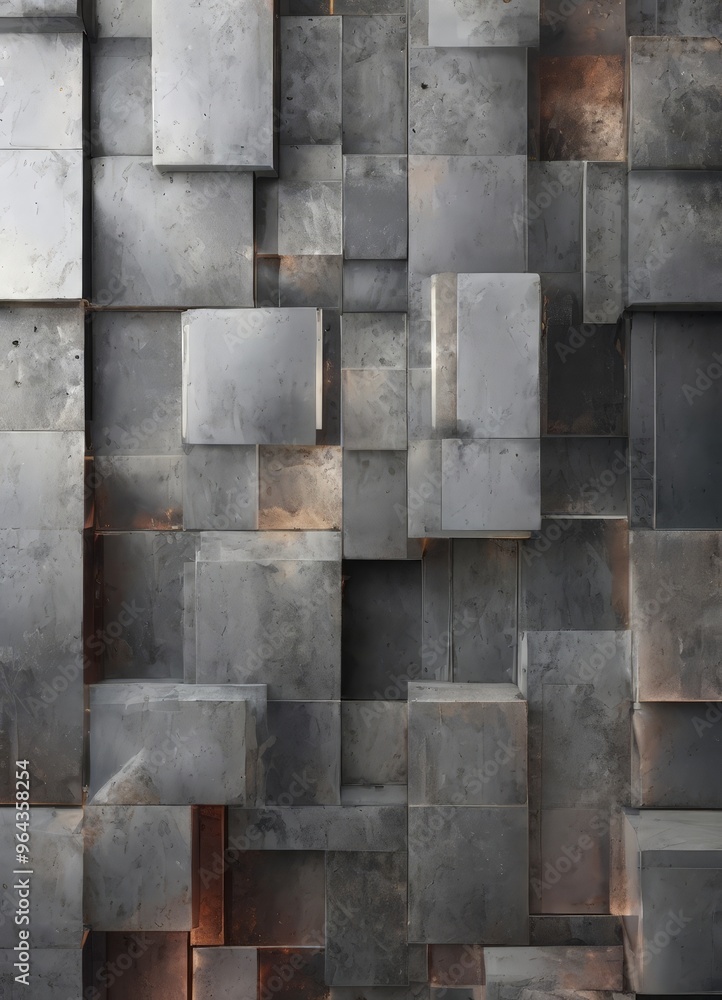 Poster a complex arrangement of gray concrete cubes, with some cubes having a reddish-brown hue, creating a
