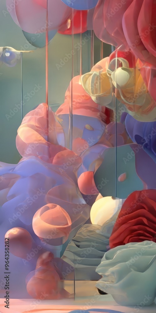 Poster a digital art piece featuring a surreal and dreamlike composition of floating, translucent shapes in