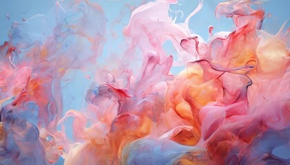 a vibrant abstract painting featuring swirling, multicolored smoke or vapor in shades of pink, orange, and blue against a light blue background.