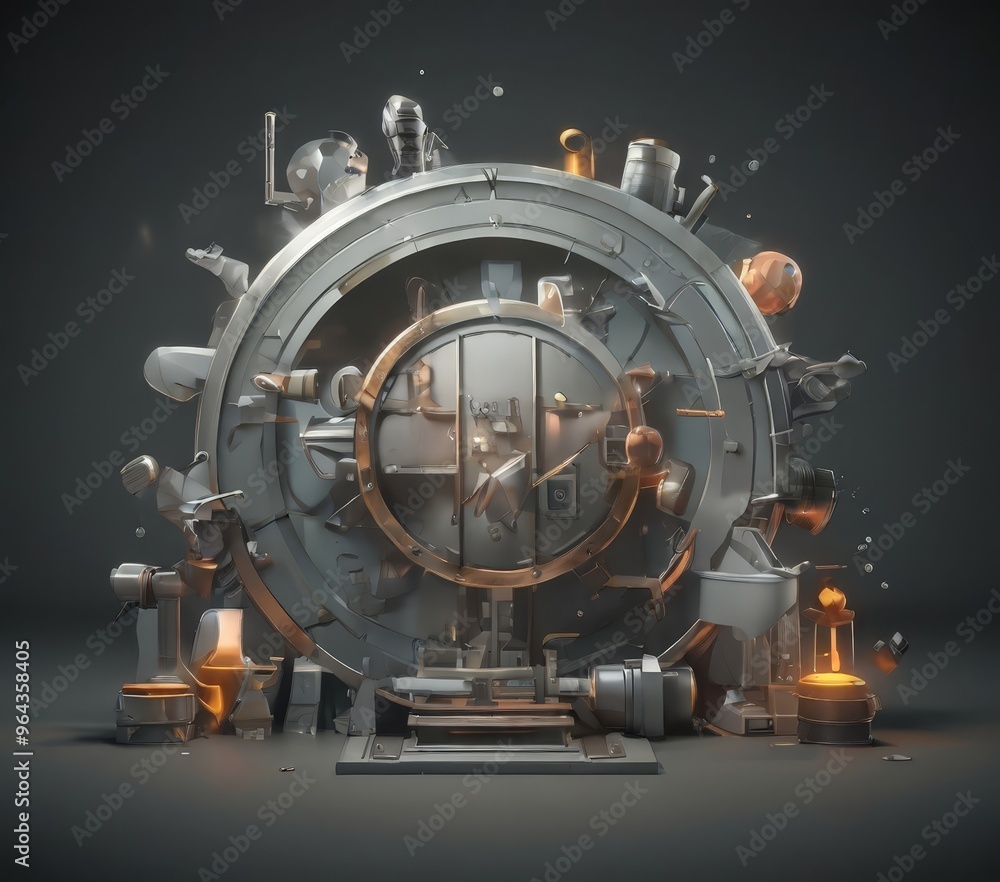 Aufkleber a complex, futuristic machine composed of various metallic components, including a large circular do