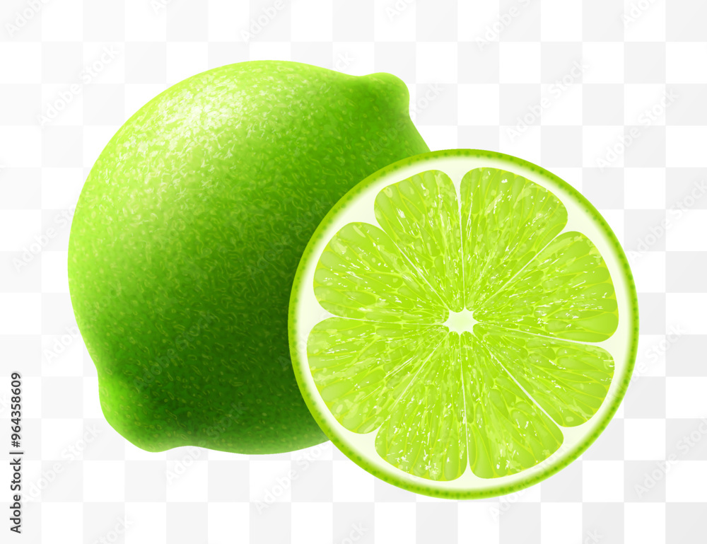 Wall mural green lime isolated on transparent background. whole lime and slice of fruit, vibrant tropical plant