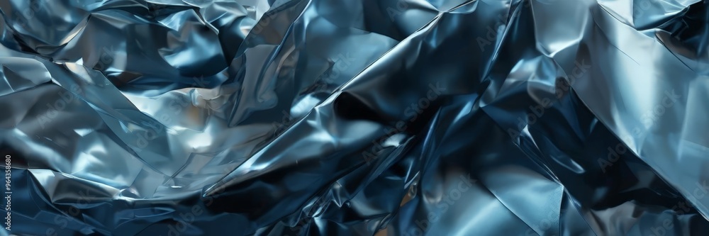 Poster a close-up view of crumpled, shiny metallic material in shades of blue and gray, creating a textured