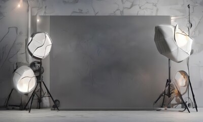 A minimalist studio setup with three large, white, spherical light fixtures on black stands, positioned against a textured gray wall.