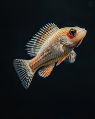 the Climbing Perch fish, portrait view, white copy space on right, Isolated on black Background