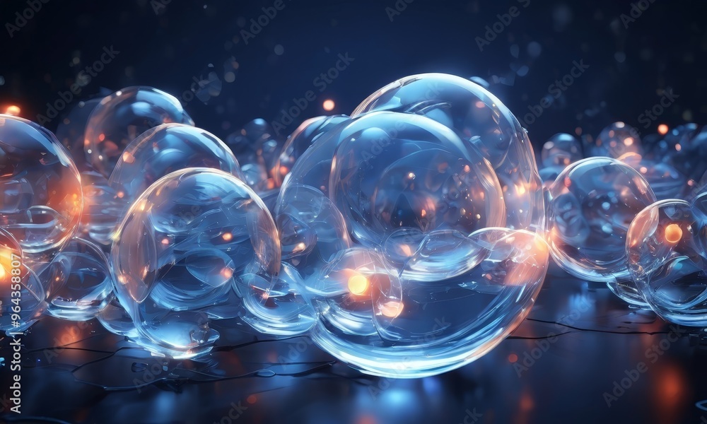 Poster a collection of transparent bubbles with a dark blue background, illuminated by a warm orange glow. 
