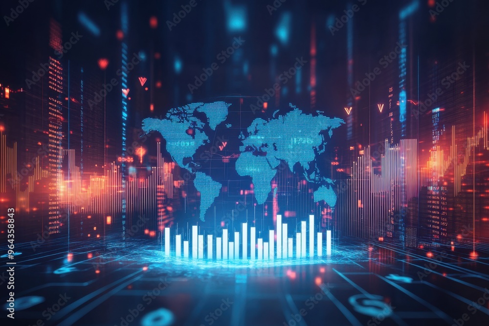 Poster digital world map with glowing stock market charts and futuristic data visualization background