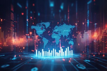 Digital world map with glowing stock market charts and futuristic data visualization background