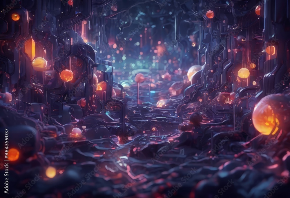 Poster a fantastical, surreal landscape with a complex network of glowing spheres and structures, creating 