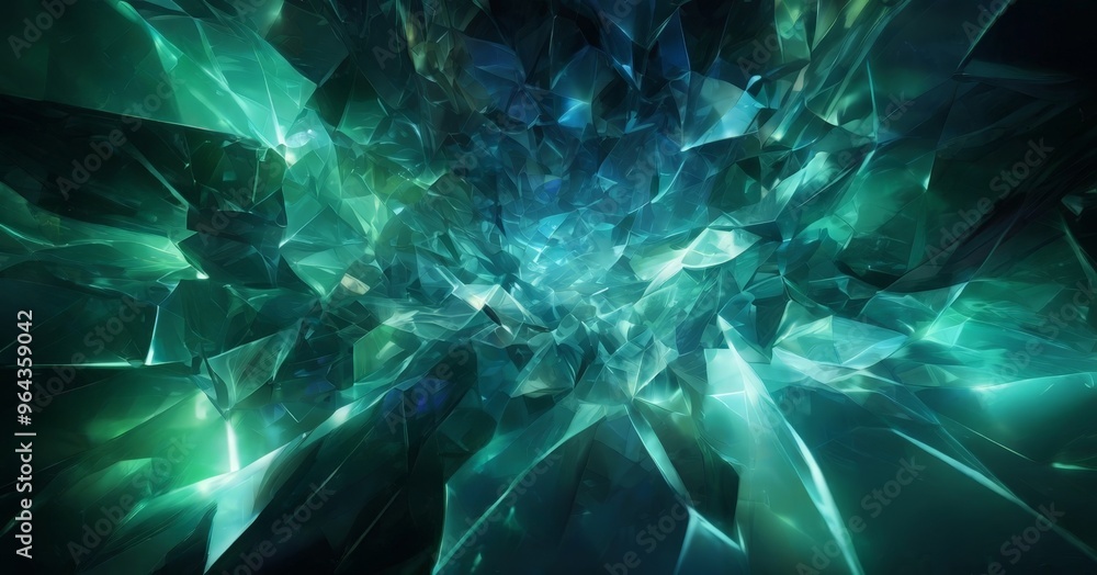 Poster a digital artwork featuring a complex pattern of intersecting lines and shapes in shades of green and blue, creating a sense of depth and movement.