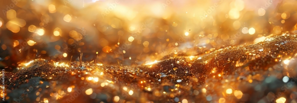 Poster close-up view of a textured surface with a golden, glittery, and sparkly appearance, creating a visu