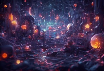 Fototapeta premium a fantastical, surreal landscape with a complex network of glowing spheres and structures, creating a sense of depth and mystery.