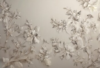 detailed floral pattern with delicate white flowers and leaves against a light beige background.