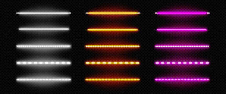 Realistic isolated colorful neon led lamp tube set. Luminous glowing lights lines in different colors on dark transparent background.