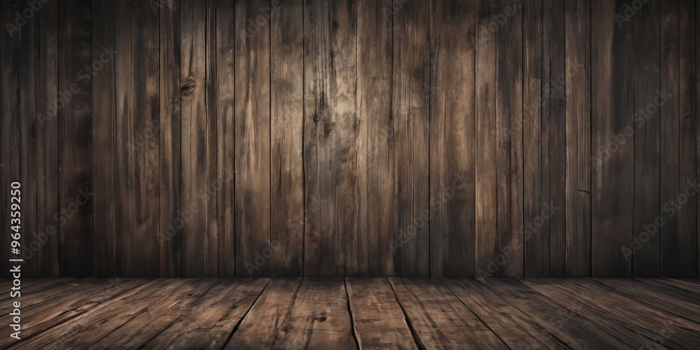 Poster an empty room with a wooden floor and a wooden wall, creating a rustic and aged atmosphere.