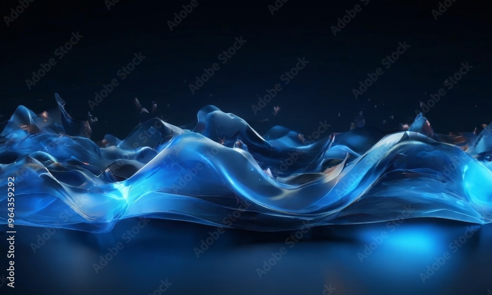 Poster a dynamic, abstract representation of water, with a dark blue background and a gradient of blue and 