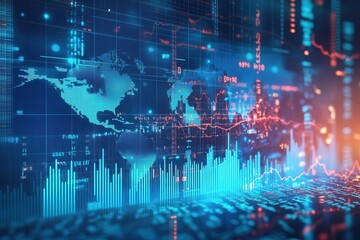 Digital stock market background with global data analytics and financial charts illustrating worldwide economic trends and statistics