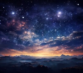 Fototapeta premium A breathtaking night sky filled with twinkling stars and a vibrant sunset over a mountainous landscape.