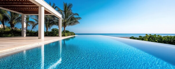 Luxurious Infinity Pool at Dusk with Tropical Palms and Ocean View