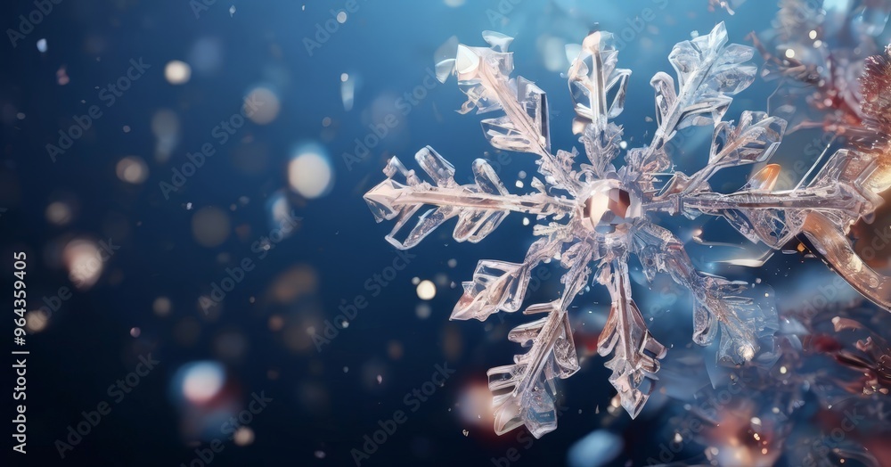 Poster a close-up view of a delicate, intricate snowflake against a dark blue background, with a bokeh effe