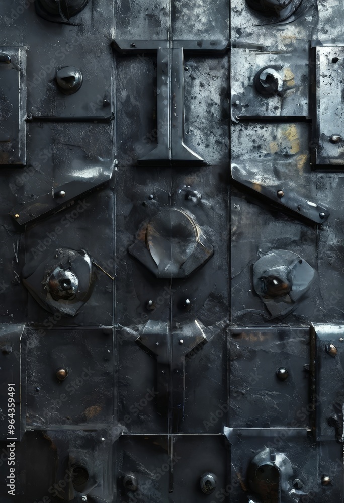 Poster a close-up view of a dark, textured metal surface with various geometric shapes and patterns, includ
