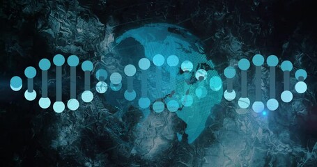Animation of digital data processing over globe and dna strand spinning - Powered by Adobe