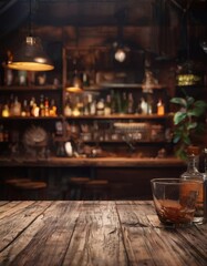 A dimly lit, rustic bar setting features a wooden table with a glass bowl containing what appears to be a cocktail, surrounded by shelves of liquor bottles and a hanging lamp.