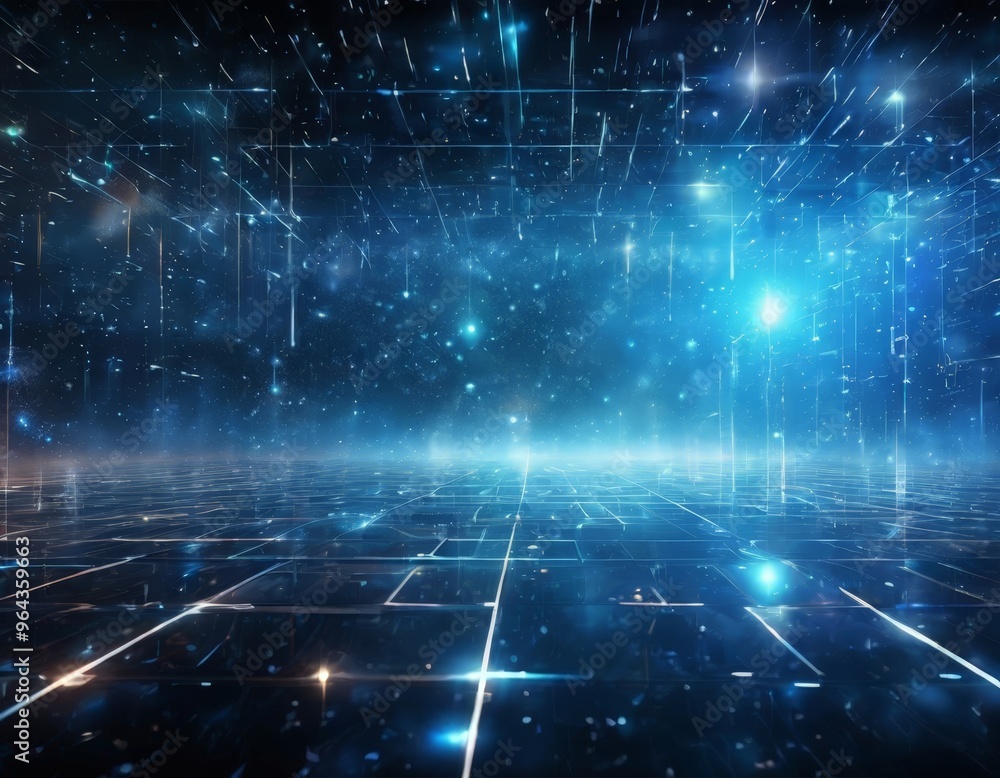 Poster futuristic, space-themed scene with a grid-like pattern of glowing blue and white lines, creating a 