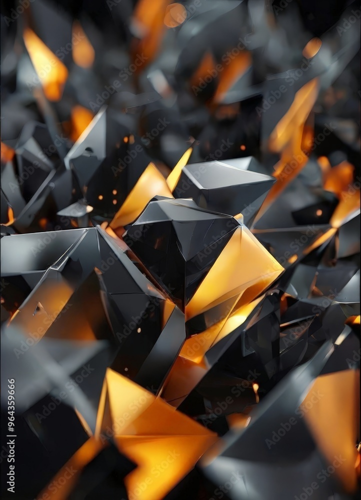 Poster close-up view of a collection of black and gold crystals, each with a unique shape and size, creatin
