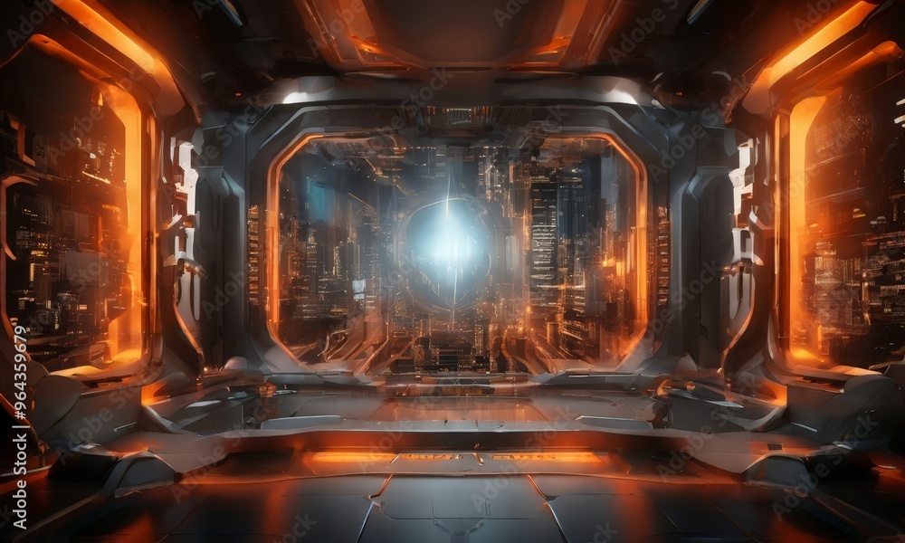 Poster futuristic interior space, characterized by a high-tech environment with a large circular window at 