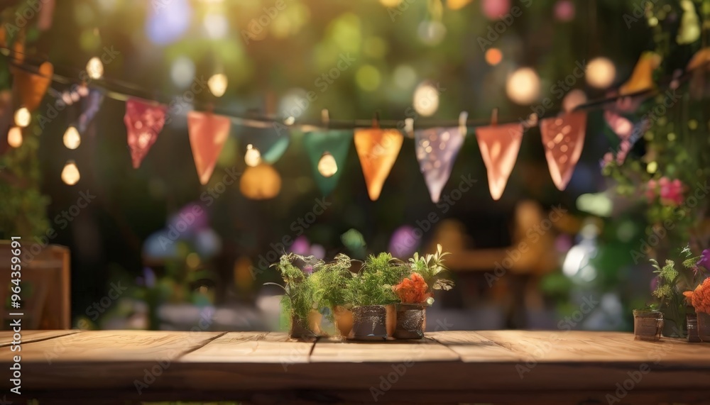 Poster A wooden table with potted plants and a string of colorful flags in the background, creating a festive atmosphere.