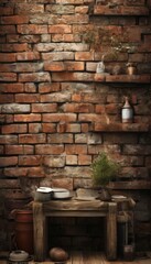 A rustic wooden table sits against a weathered brick wall, with shelves above displaying various objects and a potted plant on the floor.